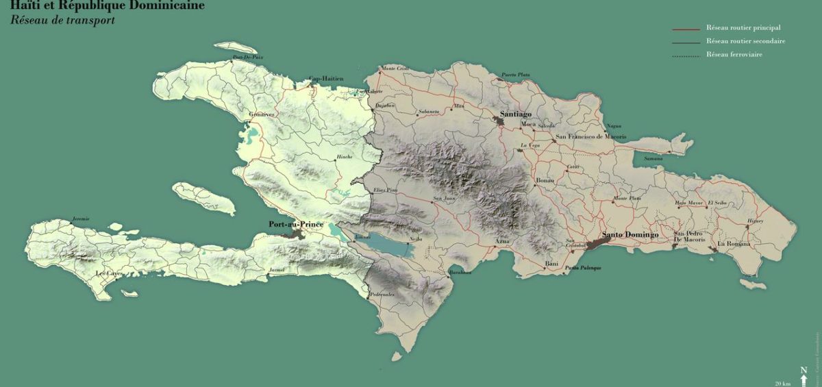 Fond de plan de l'île d'Haïti et de République Dominicaine, les réseaux de transport - Guillaume Sciaux - Cartographe professionnel