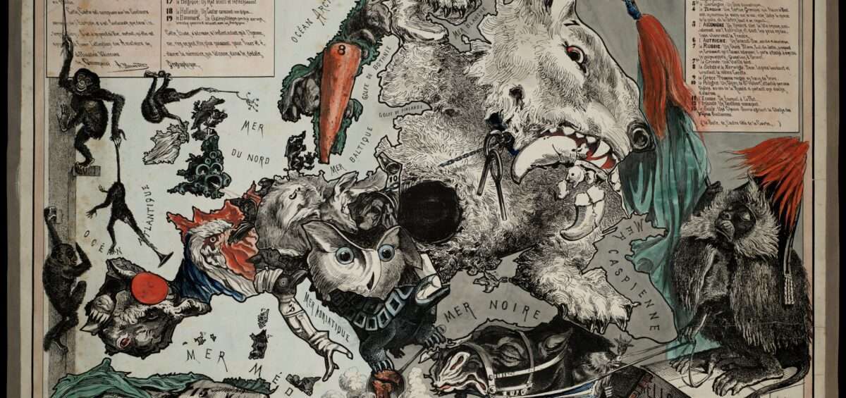Carte satirique "L'Europe animale" d'Achille Belloguet, 1882, représentant les pays européens sous forme d'animaux