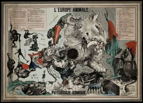 Carte satirique "L'Europe animale" d'Achille Belloguet, 1882, représentant les pays européens sous forme d'animaux