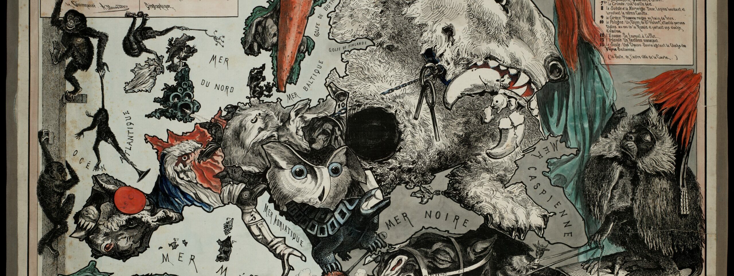 Carte satirique "L'Europe animale" d'Achille Belloguet, 1882, représentant les pays européens sous forme d'animaux