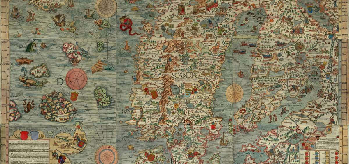 Carta Marina d'Olaus Magnus (1539), carte de la Scandinavie peuplée de monstres marins légendaires