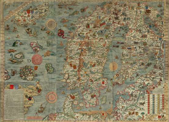 Les monstres marins dans les cartes anciennes: à la chasse aux tortues volantes et aux pieuvres géantes... Carta Marina d'Olaus Magnus (1539), carte de la Scandinavie peuplée de monstres marins légendaires