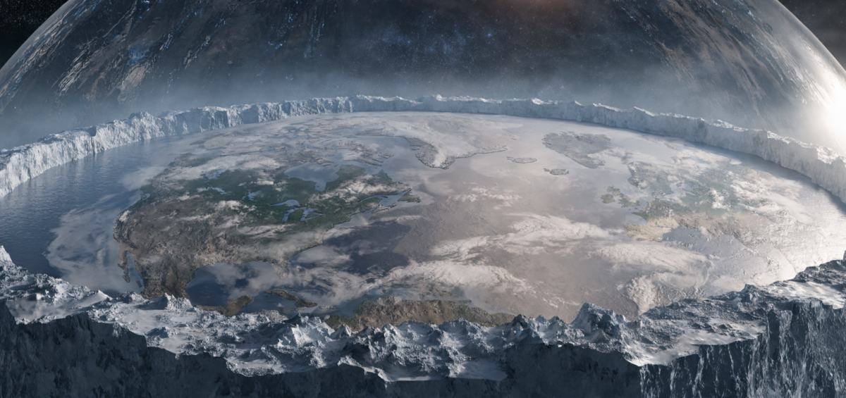 Représentation photoréaliste du concept de la Terre plate sous le dôme du firmament — illustration originale