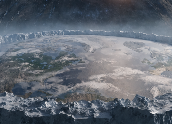 La société de la terre plate Représentation photoréaliste du concept de la Terre plate sous le dôme du firmament — illustration originale