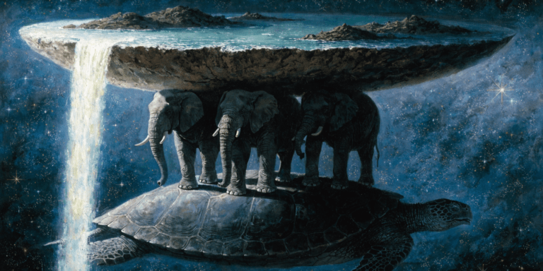 Monde plat porté par quatre éléphants sur une tortue cosmique — illustration originale