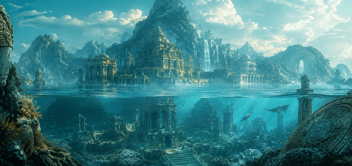 Illustration panoramique du continent perdu de Mu, montrant une ancienne civilisation mythique engloutie au milieu de l'océan.
