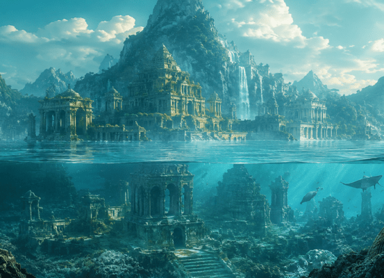 Le continent perdu de Mu Illustration panoramique du continent perdu de Mu, montrant une ancienne civilisation mythique engloutie au milieu de l'océan.