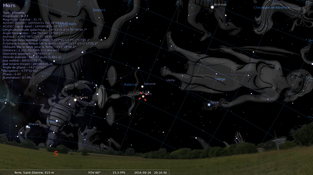 Carte du ciel de fin Aout à Saint Etienne par Stellarium 