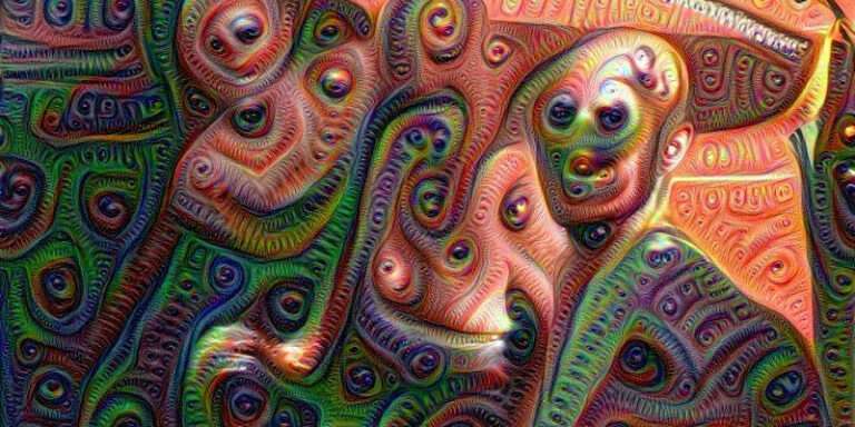 Image psychédélique générée par l'algorithme DeepDream, motifs organiques colorés