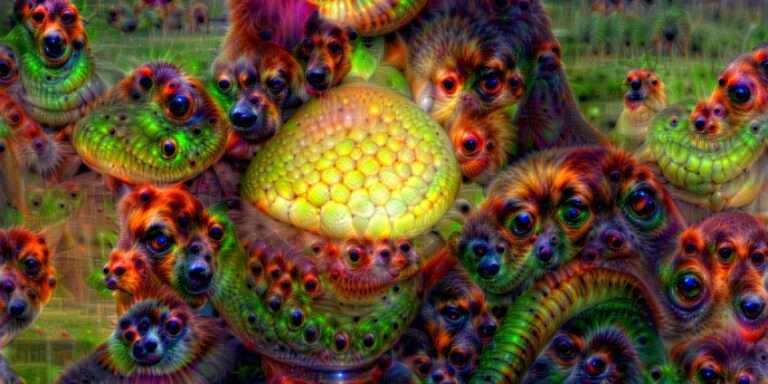Portrait de la Joconde transformé par l'effet DeepDream, réseau de neurones VGG16