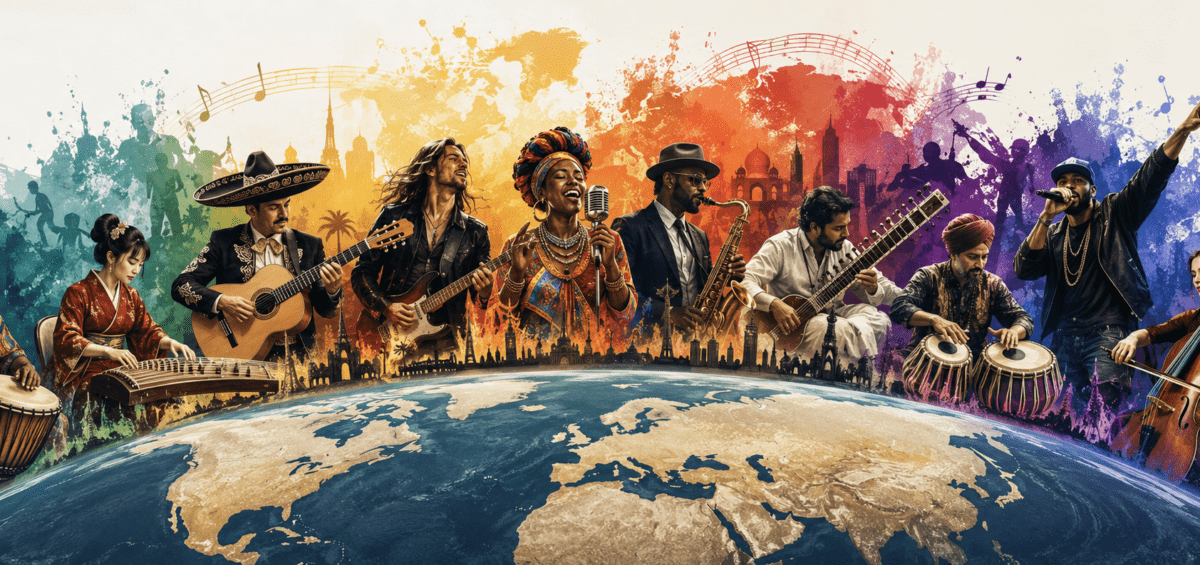 Bandeau illustré représentant des musiciens et des styles musicaux du monde entier, mêlant musique traditionnelle et moderne sur fond de carte du monde.