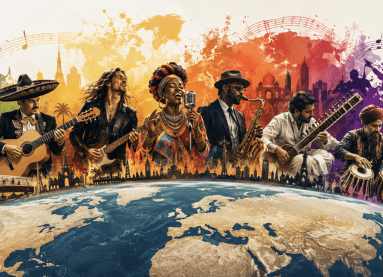 Une cartographie de la musique, piste 2 : Radiooooo Bandeau illustré représentant des musiciens et des styles musicaux du monde entier, mêlant musique traditionnelle et moderne sur fond de carte du monde.