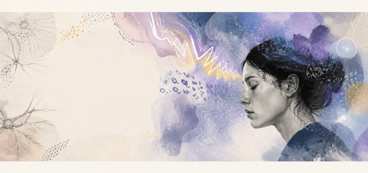 Illustration artistique représentant une personne de profil entourée de formes abstraites, de dégradés violets et de motifs évoquant les perturbations visuelles associées aux auras de migraine.
