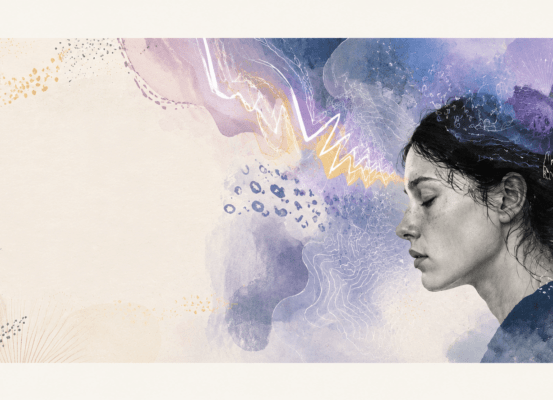 Une cartographie des auras de migraine Illustration artistique représentant une personne de profil entourée de formes abstraites, de dégradés violets et de motifs évoquant les perturbations visuelles associées aux auras de migraine.