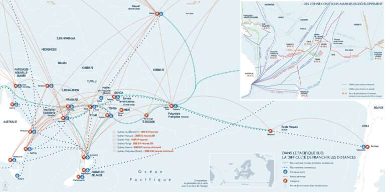 Carte des distances dans le Pacifique sud, pour l'atlas des 3 océans (Agence française de développement)