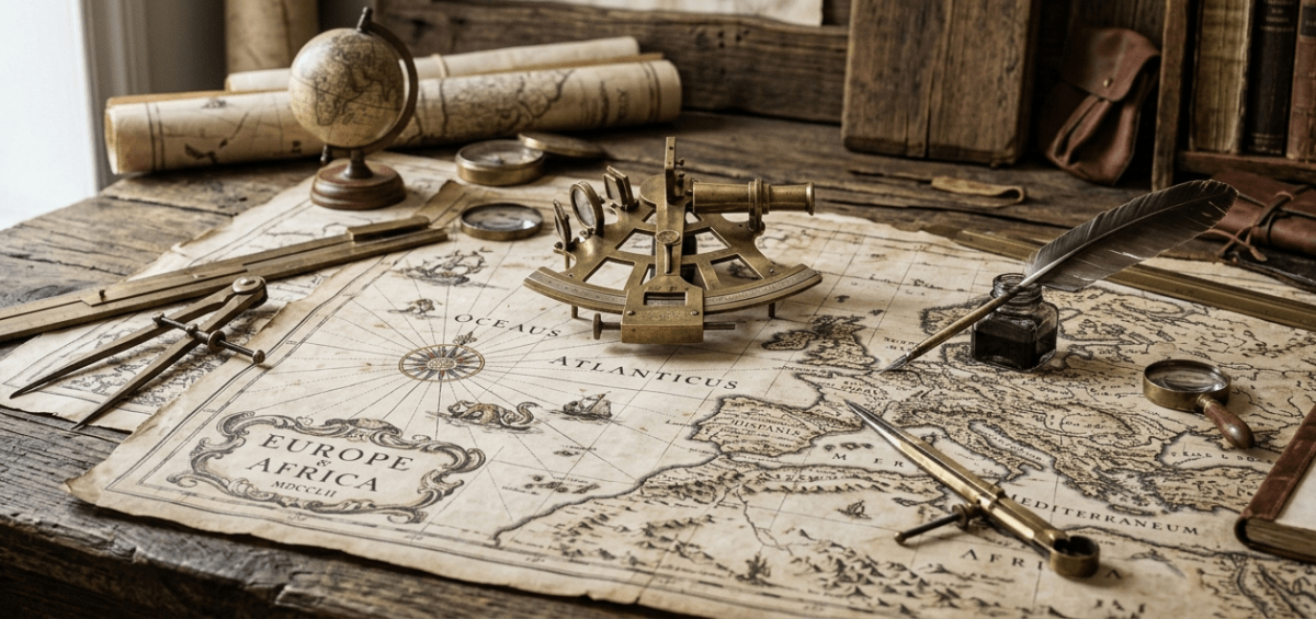 Outils anciens de cartographe posés sur de vieilles cartes maritimes en parchemin pour illustrer l'art de créer de belles cartes