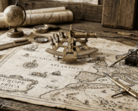 Outils anciens de cartographe posés sur de vieilles cartes maritimes en parchemin pour illustrer l'art de créer de belles cartes