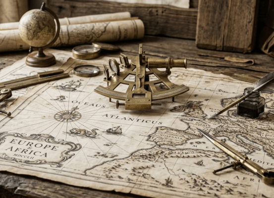 Le guide du cartographe - Seconde partie Outils anciens de cartographe posés sur de vieilles cartes maritimes en parchemin pour illustrer l'art de créer de belles cartes