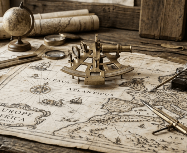 Outils anciens de cartographe posés sur de vieilles cartes maritimes en parchemin pour illustrer l'art de créer de belles cartes