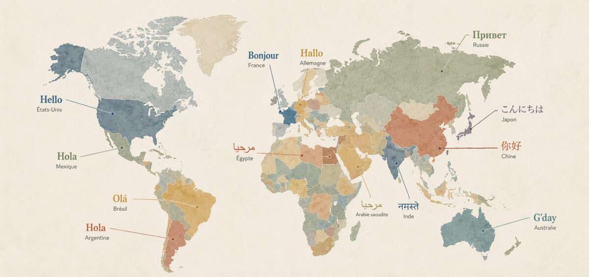 Carte du monde illustrant comment dire bonjour dans différentes langues — Guillaume Sciaux