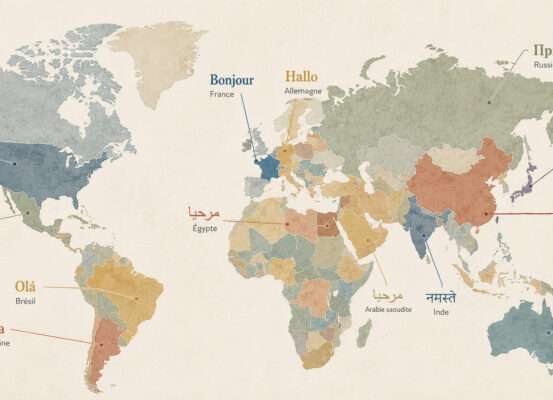 Une carte des langues les plus parlées dans le monde Carte du monde illustrant comment dire bonjour dans différentes langues — Guillaume Sciaux