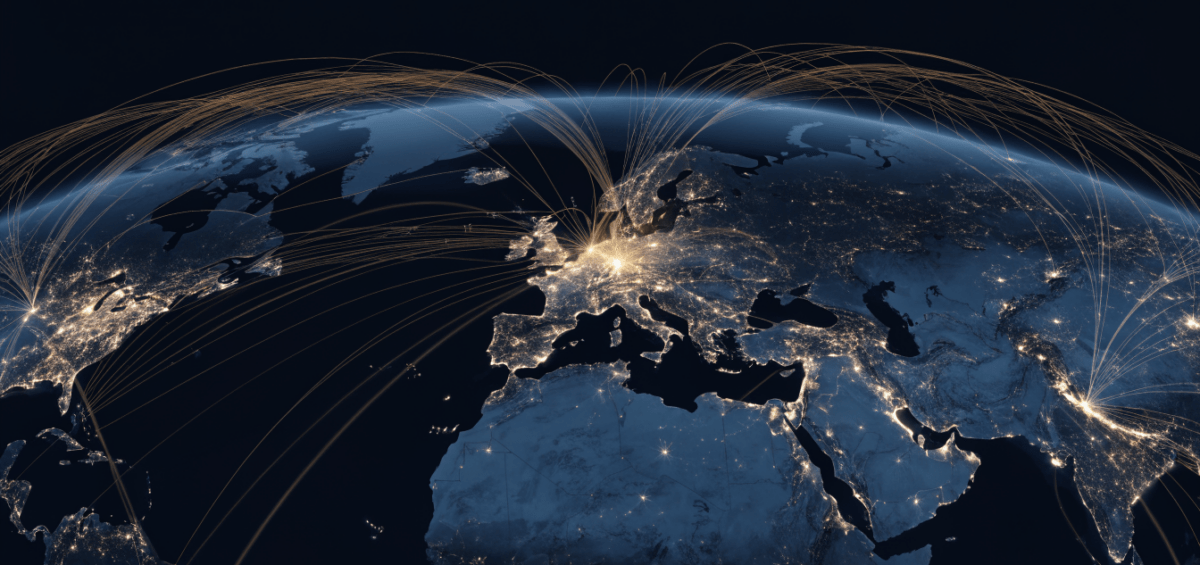 Visualisation du trafic aérien mondial, routes aériennes lumineuses sur la Terre — illustration