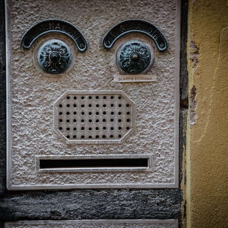 Boîtier d'interphone et grille de ventilation formant un visage sur une façade