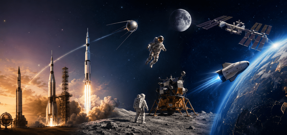 Bandeau illustré montrant l’évolution de l’exploration spatiale, des premiers lancements de fusées à la conquête de la Lune et aux missions spatiales modernes autour de la Terre.