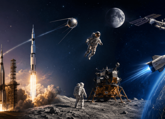 Bandeau illustré montrant l’évolution de l’exploration spatiale, des premiers lancements de fusées à la conquête de la Lune et aux missions spatiales modernes autour de la Terre.