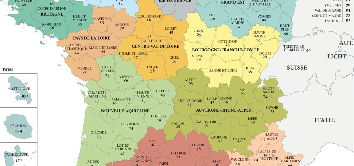 Fond de carte France - Régions et départements avec noms - Guillaume Sciaux - Cartographe professionnel
