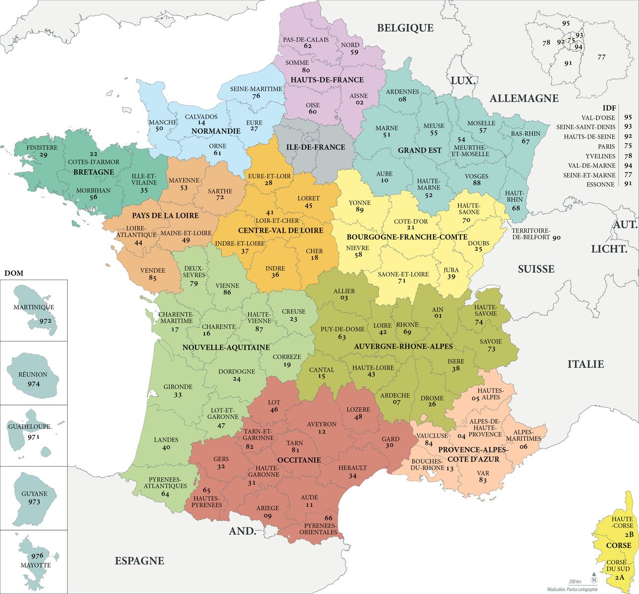 Fond de carte France - Régions et départements avec noms - Guillaume Sciaux - Cartographe professionnel