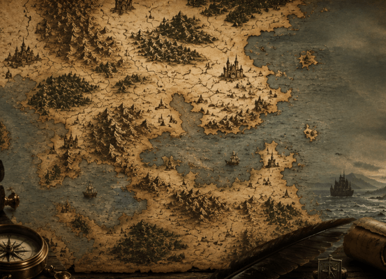 Game of Thrones : une carte au style moyenâgeux Illustration de style médiéval représentant une carte fantasy ancienne pour illustrer un article consacré aux plus belles cartes de Game of Thrones