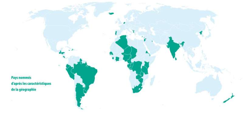 Carte du monde des pays dont le nom vient d'une caractéristique géographique du terrain