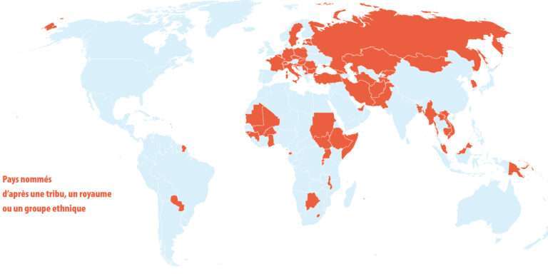 Carte du monde des pays dont le nom vient d'une tribu, d'un royaume ou d'un groupe ethnique