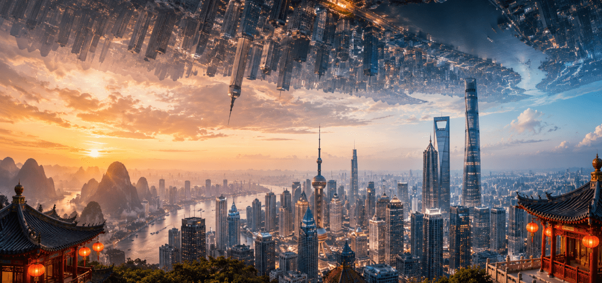 Bandeau panoramique illustrant une métropole chinoise moderne avec des gratte-ciel, des temples traditionnels et un spectaculaire effet de perspective inversée.