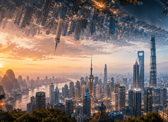 Bandeau panoramique illustrant une métropole chinoise moderne avec des gratte-ciel, des temples traditionnels et un spectaculaire effet de perspective inversée.