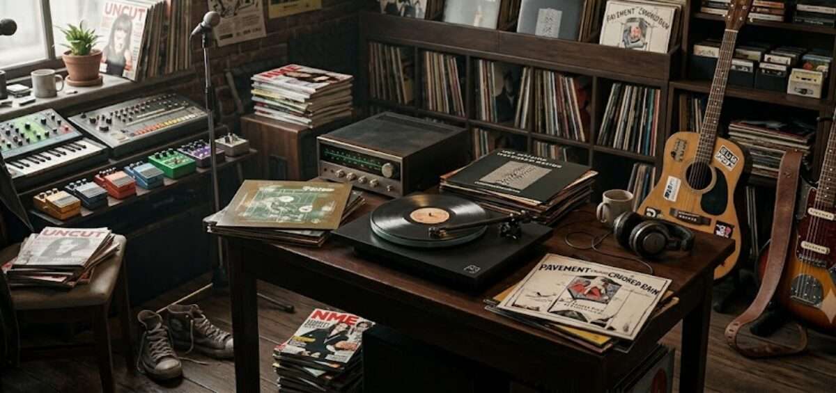 Un studio de musique underground avec des vinyles, des cassettes, une platine et des guitares électriques pour illustrer les différents types de musique alternative