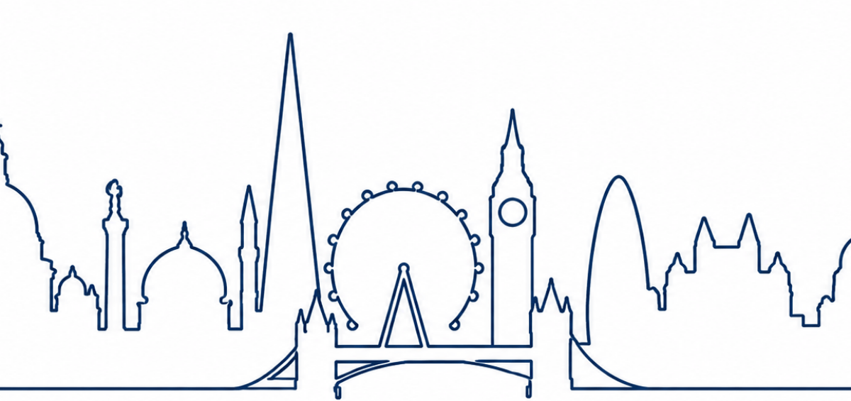 Skyline stylisée de Londres composée d'une ligne continue représentant différents types de lieux de culte et bâtiments emblématiques de la capitale britannique.
