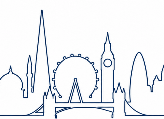 Skyline stylisée de Londres composée d'une ligne continue représentant différents types de lieux de culte et bâtiments emblématiques de la capitale britannique.