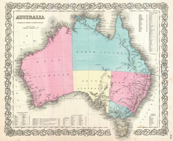 Carte ancienne de l'Australie coloniale dressée par Colton en 1855, domaine public