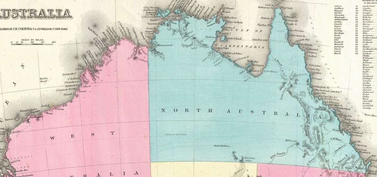 Carte ancienne de l'Australie coloniale dressée par Colton en 1855, domaine public