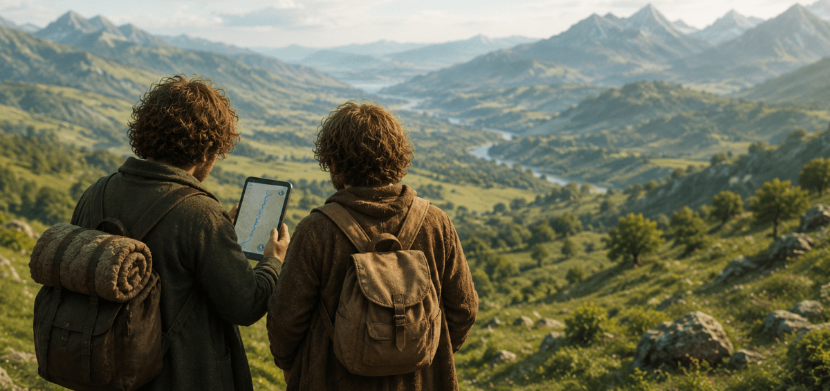 Deux petits randonneurs observés de dos consultent un GPS devant un vaste paysage de montagne dans un univers fantasy