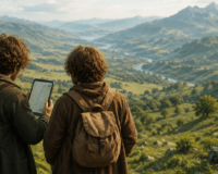 Deux petits randonneurs observés de dos consultent un GPS devant un vaste paysage de montagne dans un univers fantasy