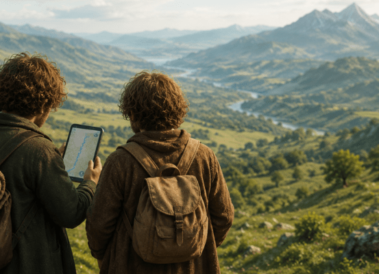 Si Frodon et Sam avaient utilisé Google Map, comme tout le monde. Deux petits randonneurs observés de dos consultent un GPS devant un vaste paysage de montagne dans un univers fantasy