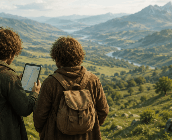 Deux petits randonneurs observés de dos consultent un GPS devant un vaste paysage de montagne dans un univers fantasy