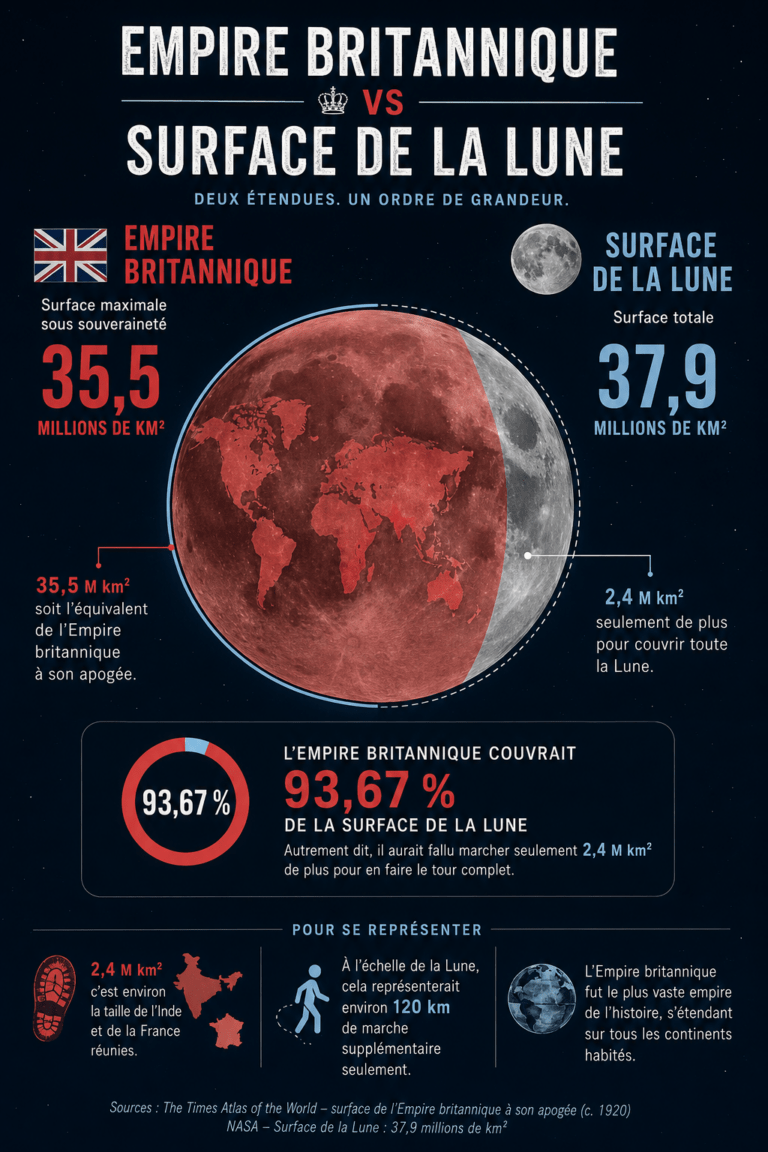 Infographie comparant la superficie maximale de l’Empire britannique (35,5 millions de km²) à la surface totale de la Lune (37,9 millions de km²), montrant que l’Empire représentait 93,67 % de la surface lunaire.