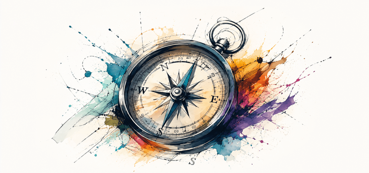 Illustration aquarelle d'une boussole entourée d'éclats de couleurs, symbole d'orientation