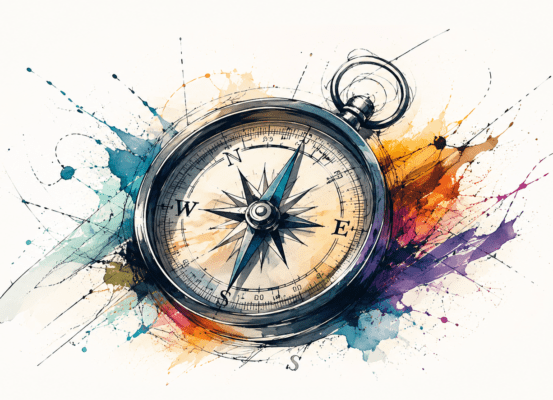 Illustration aquarelle d'une boussole entourée d'éclats de couleurs, symbole d'orientation