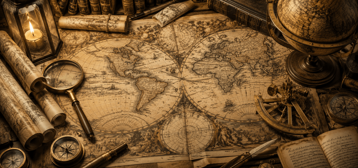 Carte ancienne du monde entourée d'instruments d'exploration : boussole, loupe, sextant, bougie