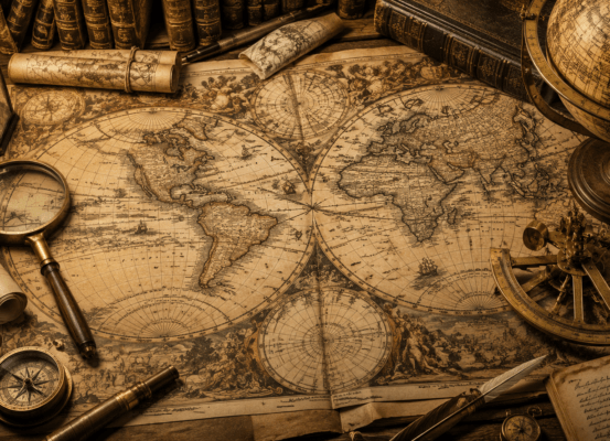 Une cartographie des initiatives en faveur des migrants Carte ancienne du monde entourée d'instruments d'exploration : boussole, loupe, sextant, bougie